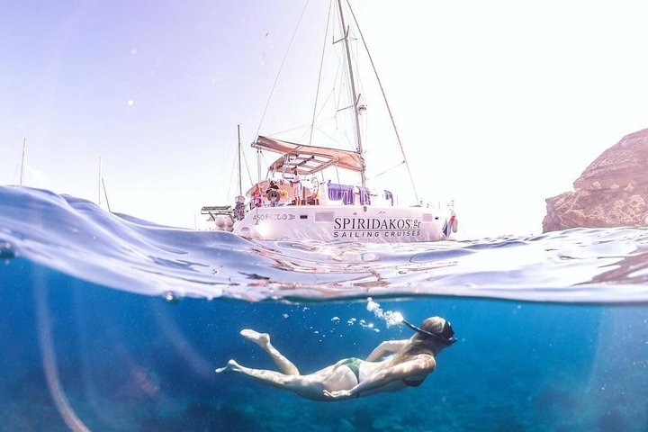 Santorini Classic Catamaran Cruise with BBQ, Drinks and Transfers