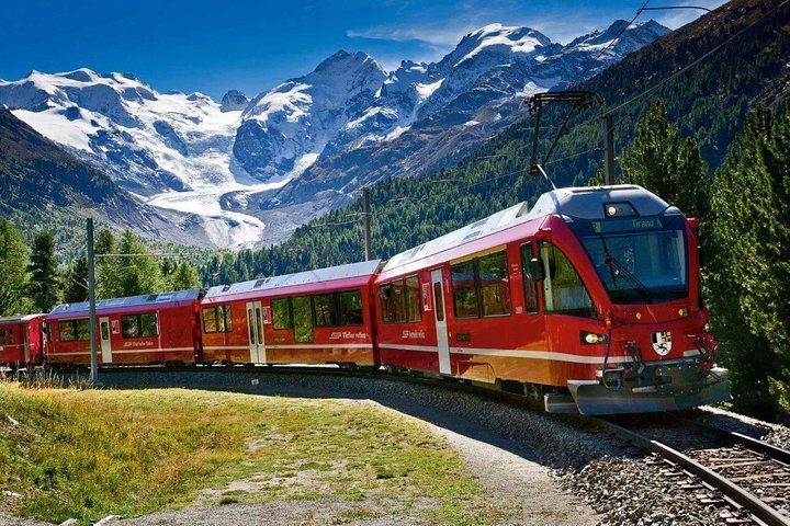 Swiss Alps Bernina Red Train and St.Moritz Tour from Milan