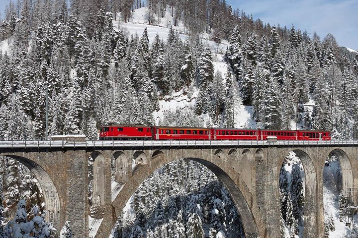Swiss Alps Bernina Red Train and St.Moritz Tour from Milan