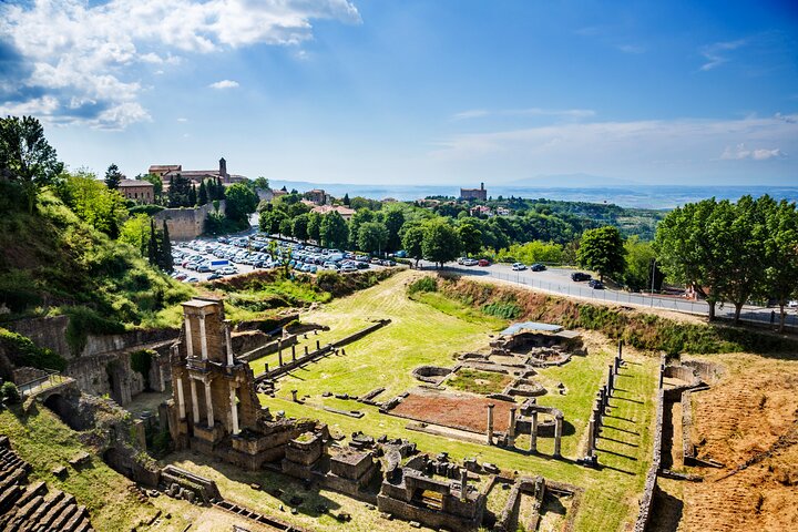 Volterra and San Gimignano with Bocelli's Theatre Private Tour from Lucca