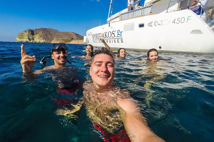 Santorini Classic Catamaran Cruise with BBQ, Drinks and Transfers