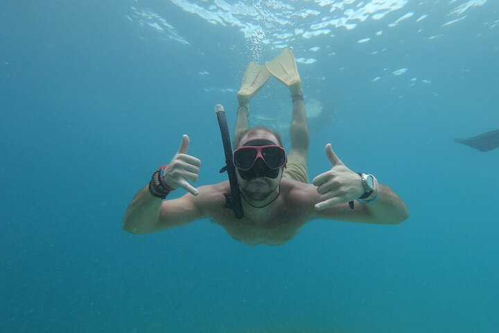 Snorkeling with turtle and statue in Gilis
