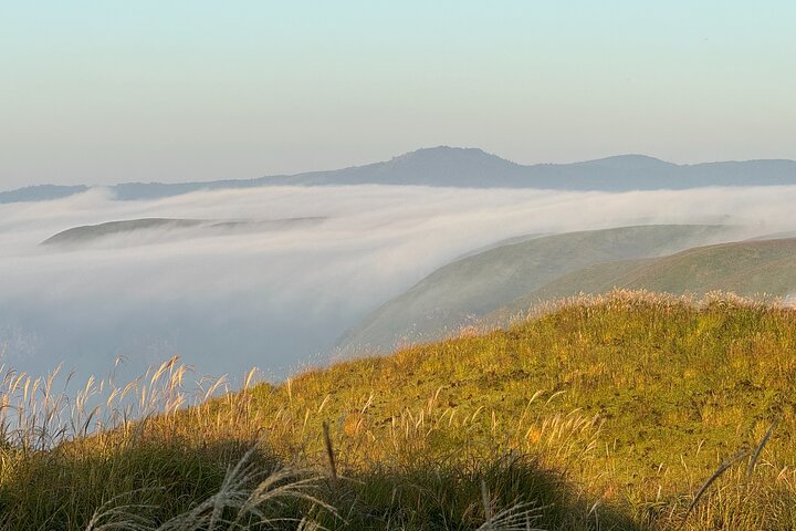 View the sunrise and sea of clouds over the Aso Caldera
