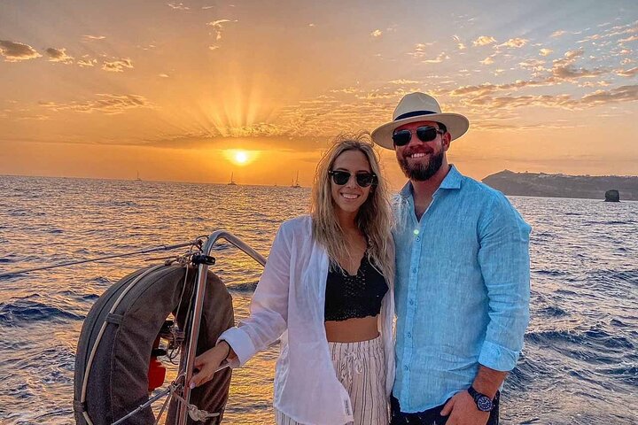 Santorini Catamaran Cruise with Swim-Stops, Greek Meal and Sunset