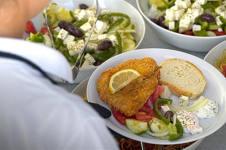 Santorini Catamaran Cruise with Swim-Stops, Greek Meal and Sunset