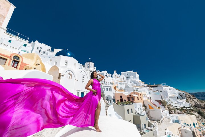 Exclusive Santorini Flying Dress Photoshoot with Pickup