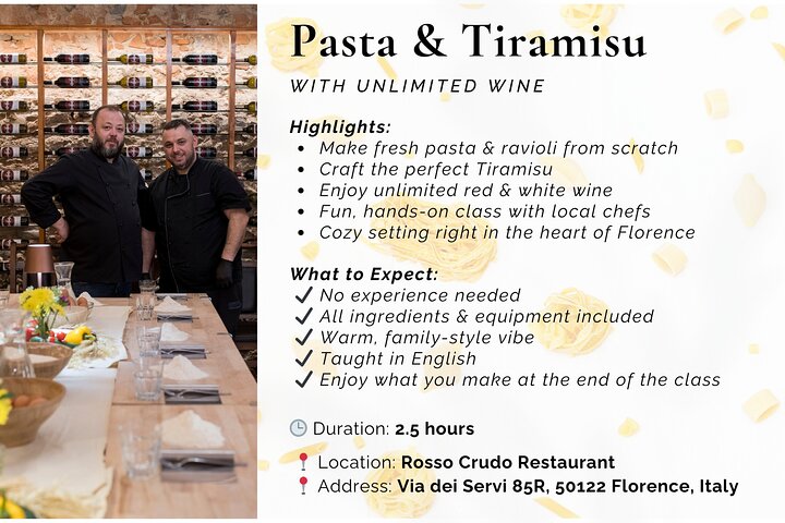 Florence Pasta & Tiramisu Cooking Class with Unlimited Wine