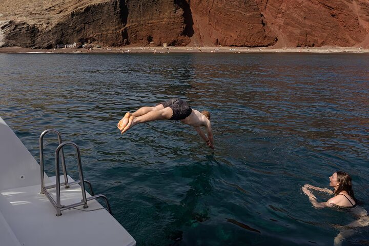 Santorini Classic Catamaran Cruise with BBQ, Drinks and Transfers