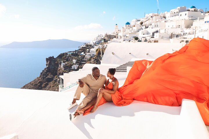 Exclusive Santorini Flying Dress Photoshoot with Pickup