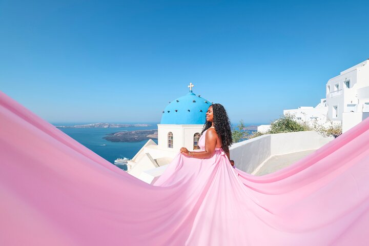 Exclusive Santorini Flying Dress Photoshoot with Pickup