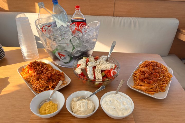 Premium Santorini Sunset Catamaran: Semi-Private, BBQ & Drinks