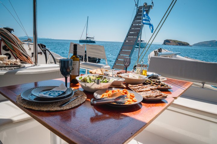 Premium Santorini Daytime Catamaran Cruise with BBQ & Open Bar
