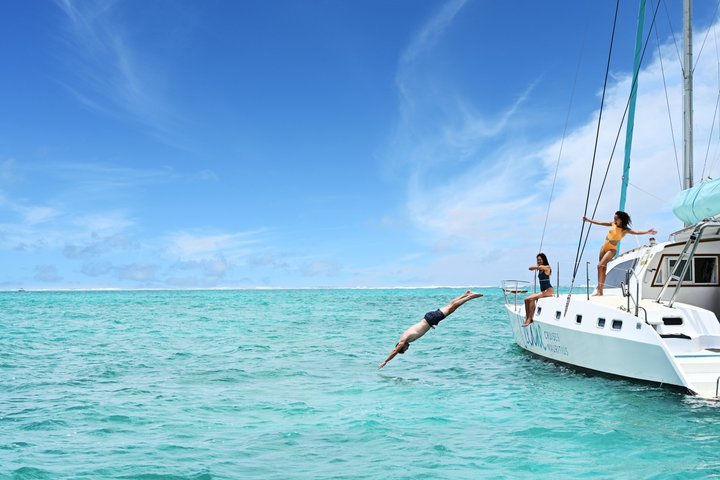 Ile Aux Cerfs full day shared catamaran with BBQ lunch & drinks