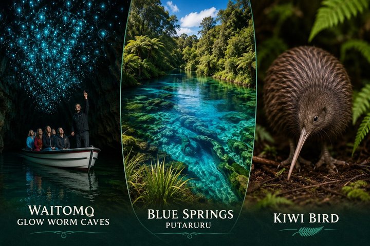 Auckland to Waitomo Glowworms, Kiwi House & Blue Springs Day Tour
