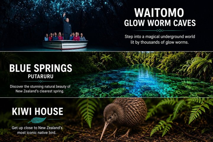 Auckland to Waitomo Glowworms, Kiwi House & Blue Springs Day Tour