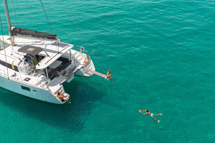 Luxury Athens Catamaran Cruise with Greek Meal & Drinks