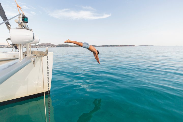 Luxury Athens Catamaran Cruise with Greek Meal & Drinks